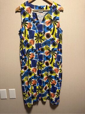 FOIL 100% Cotton Tropical Palm Print Shift Dress Medium Sleeveless Resort